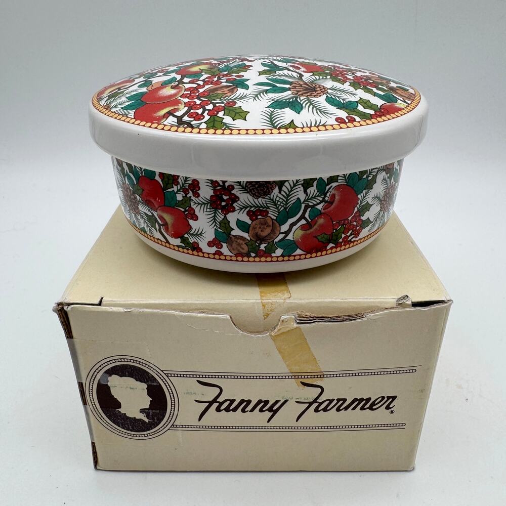 Vintage Fanny Farmer Porcelain Keepsake Box Trinket Apples Pinecones Holly